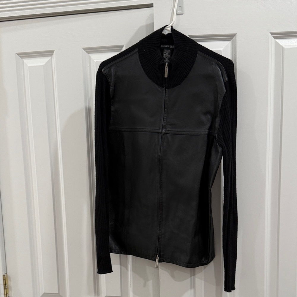 Kenneth Cole New York Black Leather Jacket with Knit Accents